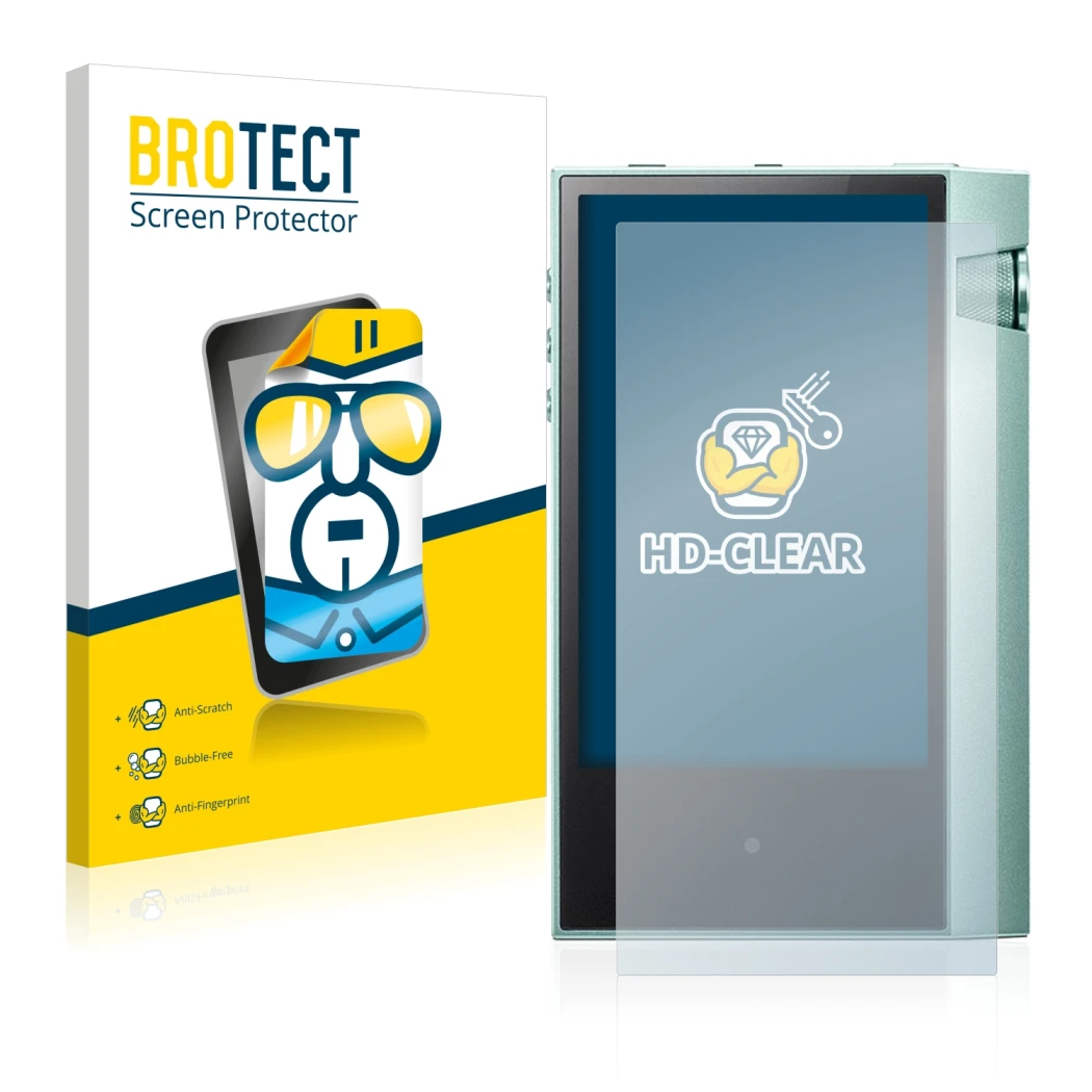 Vorderseite einer Produktverpackung mit dem Markenlogo BROTECT. Daneben ist das Gerät Astell&Kern AK70 mit dem zugehörigen Dis