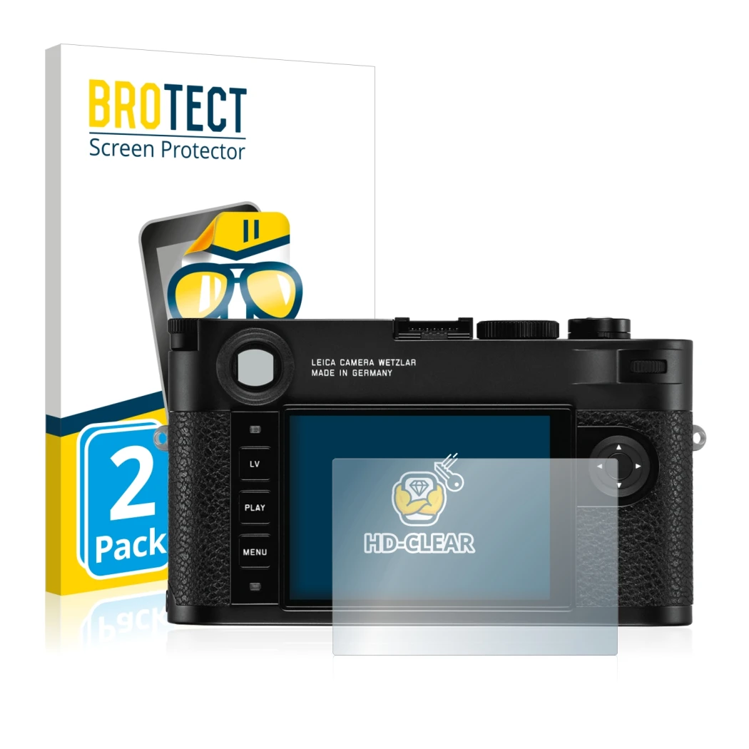 Vorderseite einer Produktverpackung mit dem Markenlogo BROTECT. Daneben ist das Gerät Leica M10 mit dem zugehörigen Displaysch