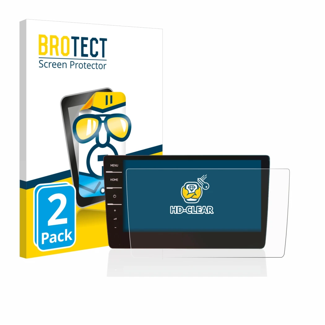 Vorderseite einer Produktverpackung mit dem Markenlogo BROTECT. Daneben ist das Gerät Volkswagen Golf 7 Discover Pro 9.2