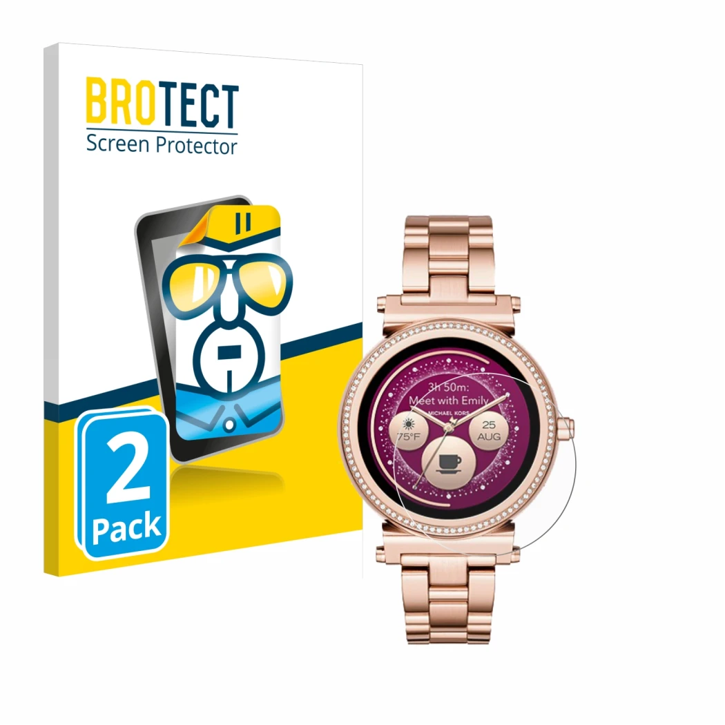 Vorderseite einer Produktverpackung mit dem Markenlogo BROTECT. Daneben ist das Gerät Michael Kors Access Sofie mit dem zugehö