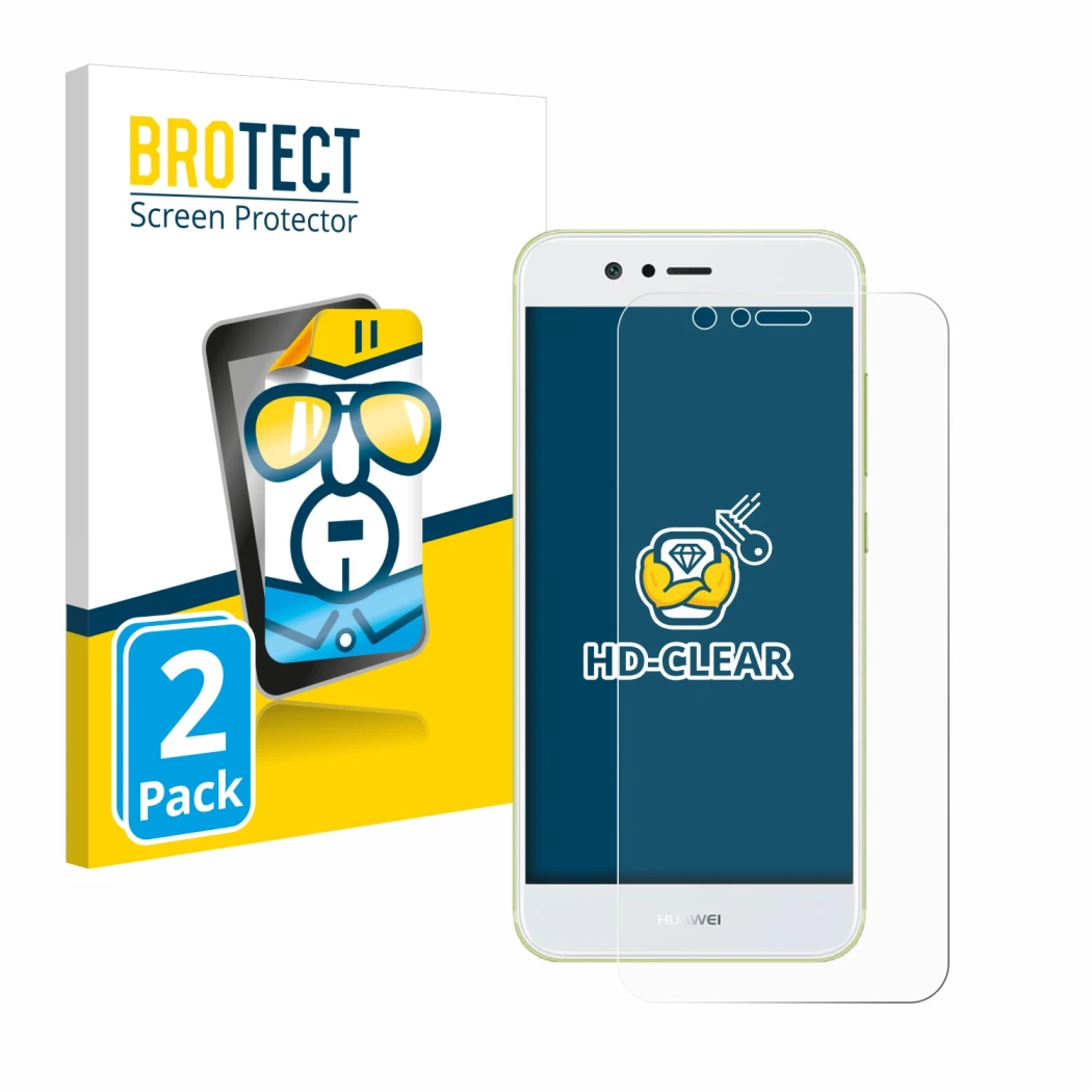 Vorderseite einer Produktverpackung mit dem Markenlogo BROTECT. Daneben ist das Gerät Huawei Nova 2 mit dem zugehörigen Displa