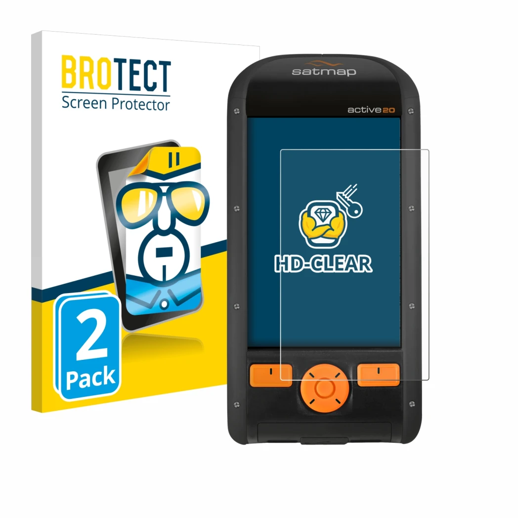 Vorderseite einer Produktverpackung mit dem Markenlogo BROTECT. Daneben ist das Gerät Satmap Active 20 mit dem zugehörigen Dis