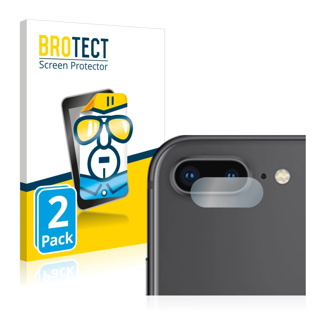 Vorderseite einer Produktverpackung mit dem Markenlogo BROTECT. Daneben ist das Gerät Apple iPhone 8 Plus (NUR Kameraschutz) m