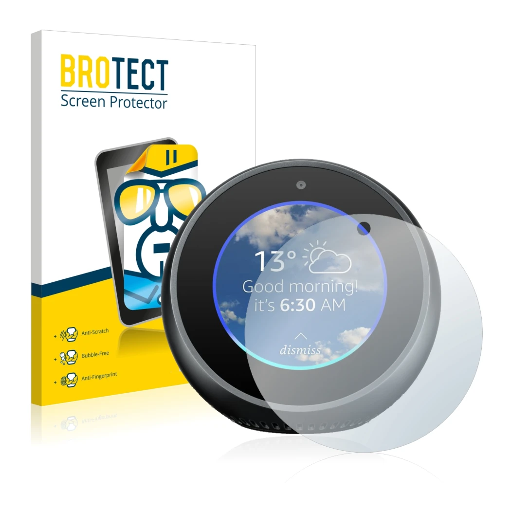 Vorderseite einer Produktverpackung mit dem Markenlogo BROTECT. Daneben ist das Gerät Amazon Echo Spot mit dem zugehörigen Dis
