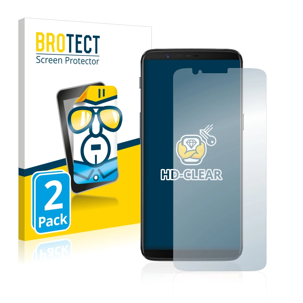 Vorderseite einer Produktverpackung mit dem Markenlogo BROTECT. Daneben ist das Gerät OnePlus 5T mit dem zugehörigen Displaysc