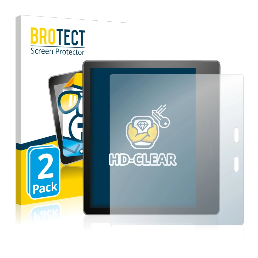 Vorderseite einer Produktverpackung mit dem Markenlogo BROTECT. Daneben ist das Gerät Amazon Kindle Oasis 2017 (9. Gen.) mit d