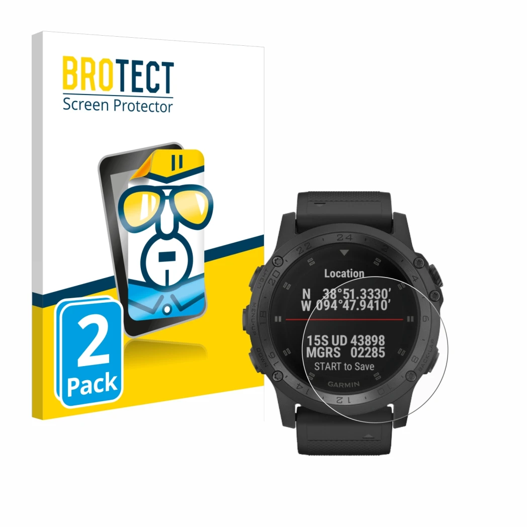 Vorderseite einer Produktverpackung mit dem Markenlogo BROTECT. Daneben ist das Gerät Garmin Tactix Charlie mit dem zugehörige