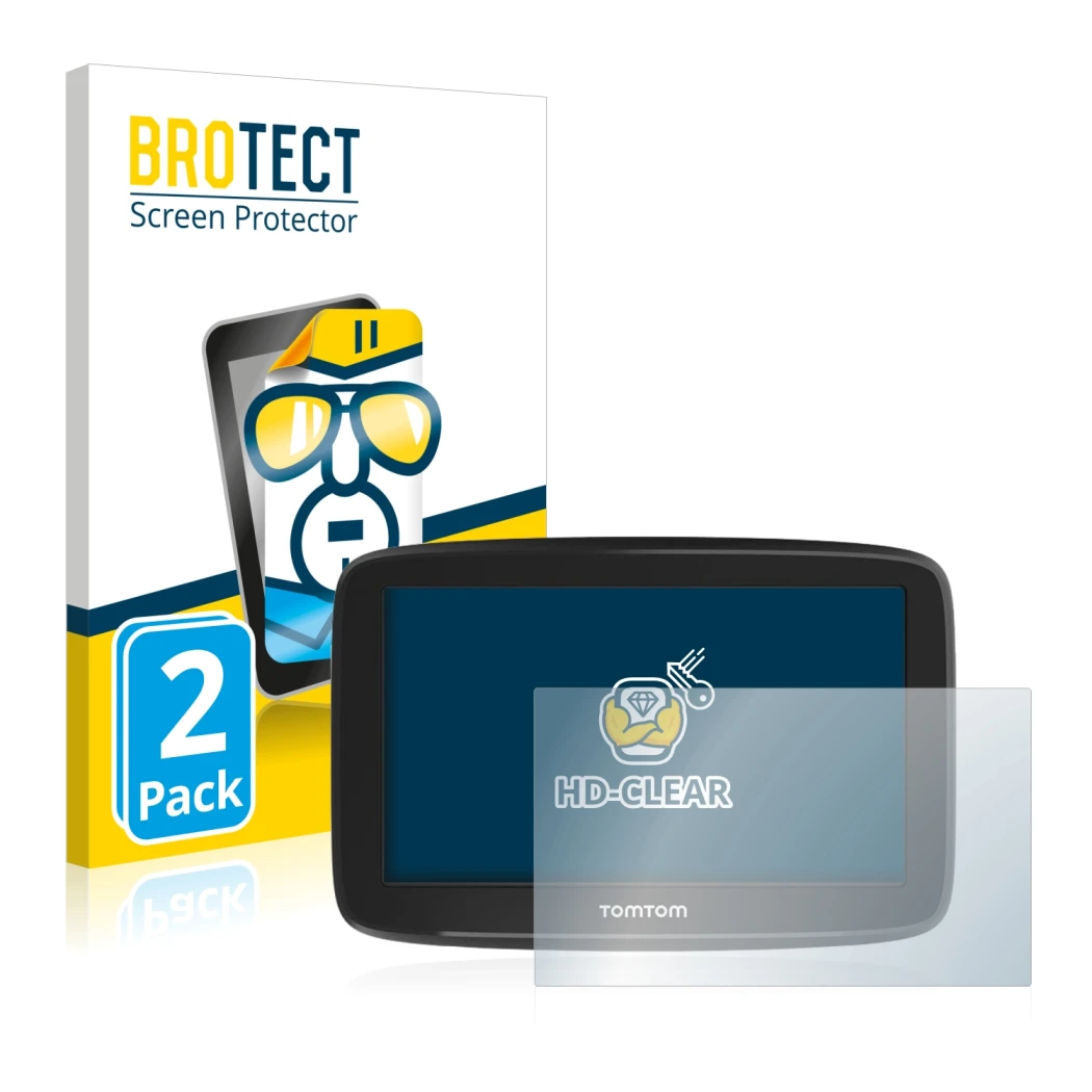 Vorderseite einer Produktverpackung mit dem Markenlogo BROTECT. Daneben ist das Gerät TomTom GO Basic (6