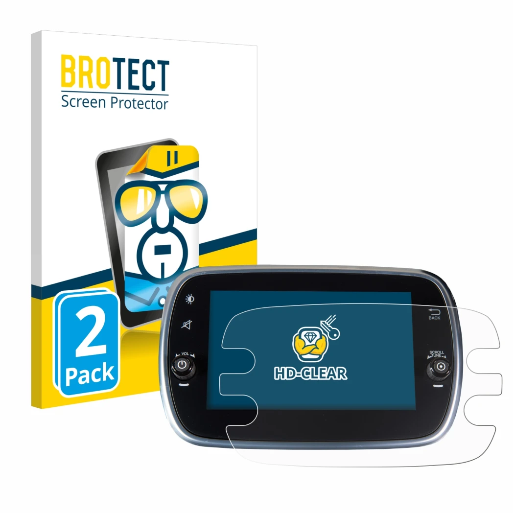 Vorderseite einer Produktverpackung mit dem Markenlogo BROTECT. Daneben ist das Gerät Fiat 500X 2016-2019 Uconnet 7