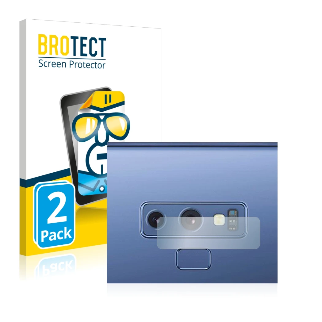 Vorderseite einer Produktverpackung mit dem Markenlogo BROTECT. Daneben ist das Gerät Samsung Galaxy Note 9 (NUR Kameraschutz)