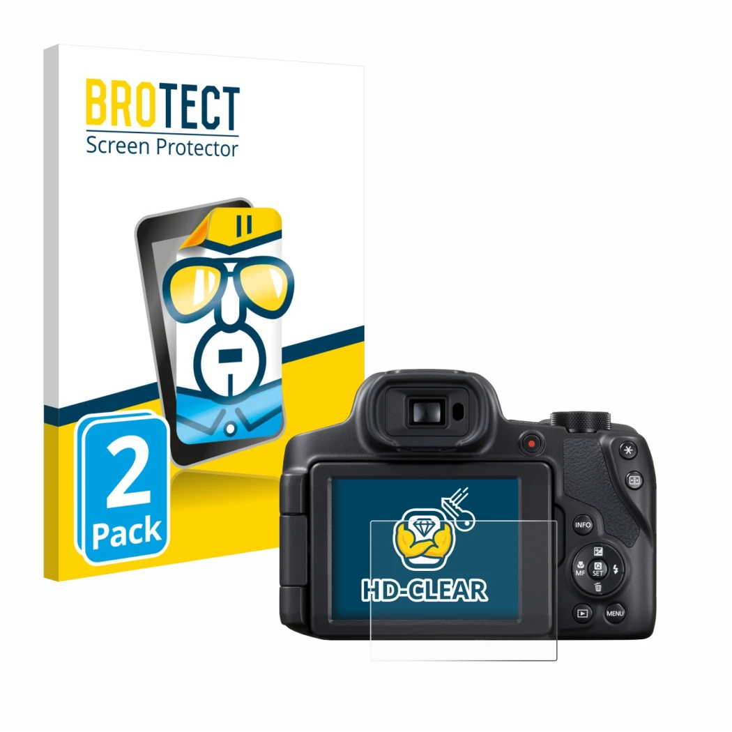 Vorderseite einer Produktverpackung mit dem Markenlogo BROTECT. Daneben ist das Gerät Canon PowerShot SX70 HS mit dem zugehöri