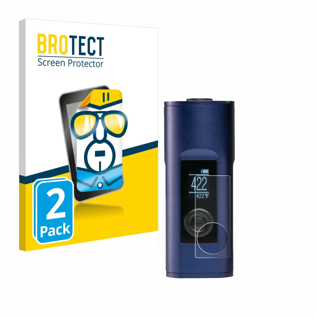 Vorderseite einer Produktverpackung mit dem Markenlogo BROTECT. Daneben ist das Gerät Arizer Solo 2 mit dem zugehörigen Displa