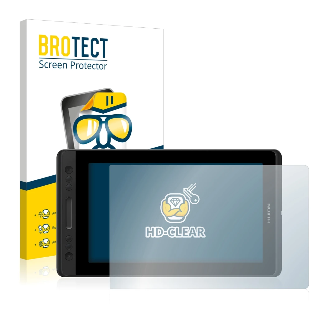 Vorderseite einer Produktverpackung mit dem Markenlogo BROTECT. Daneben ist das Gerät Huion Kamvas Pro 13 mit dem zugehörigen 