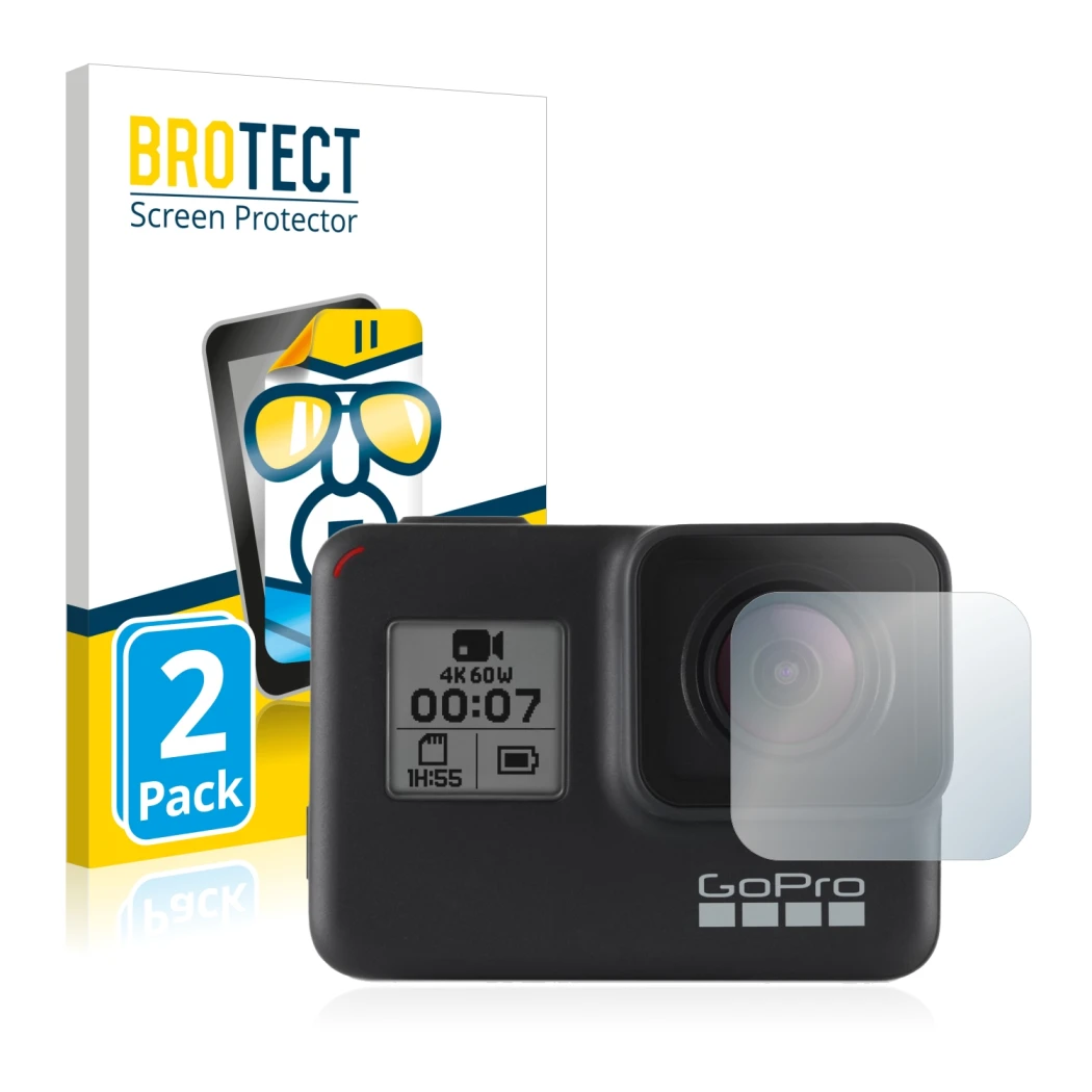 Vorderseite einer Produktverpackung mit dem Markenlogo BROTECT. Daneben ist das Gerät GoPro Hero 7 Black (Linse) mit dem zugeh
