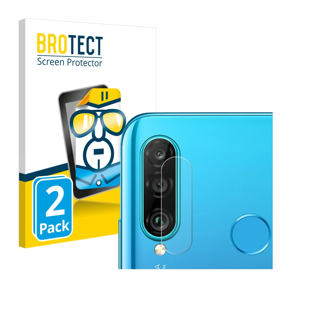 Vorderseite einer Produktverpackung mit dem Markenlogo BROTECT. Daneben ist das Gerät Huawei P30 lite (NUR Kameraschutz) mit d