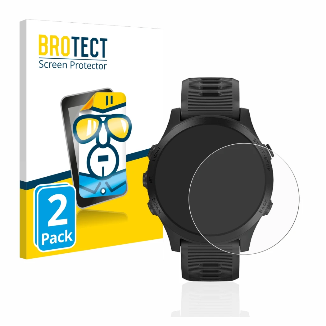 Vorderseite einer Produktverpackung mit dem Markenlogo BROTECT. Daneben ist das Gerät Garmin Forerunner 945 mit dem zugehörige