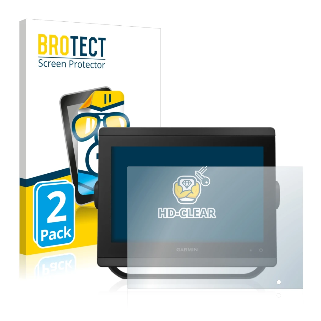 Vorderseite einer Produktverpackung mit dem Markenlogo BROTECT. Daneben ist das Gerät Garmin GPSMAP 8410xsv mit dem zugehörige