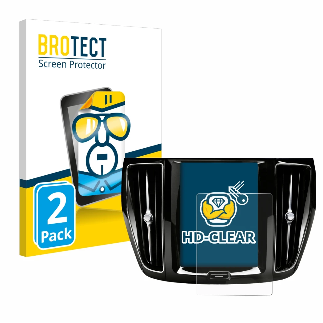 Vorderseite einer Produktverpackung mit dem Markenlogo BROTECT. Daneben ist das Gerät Volvo V60 Sensus Connect 2019-2020 mit d