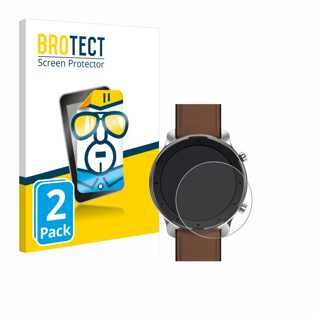 Vorderseite einer Produktverpackung mit dem Markenlogo BROTECT. Daneben ist das Gerät Huami Amazfit GTR (47 mm) mit dem zugehö