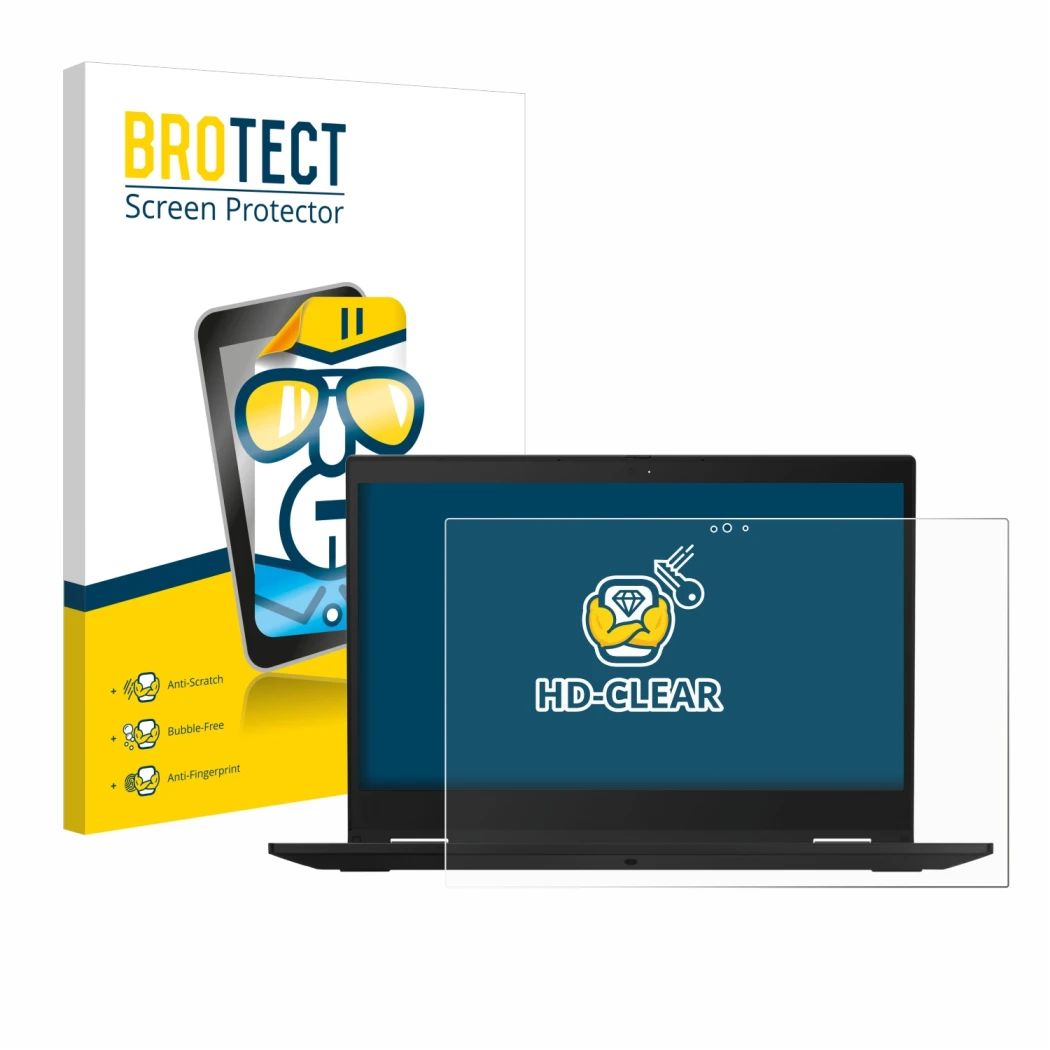 Vorderseite einer Produktverpackung mit dem Markenlogo BROTECT. Daneben ist das Gerät Lenovo ThinkPad X390 Yoga mit dem zugehö