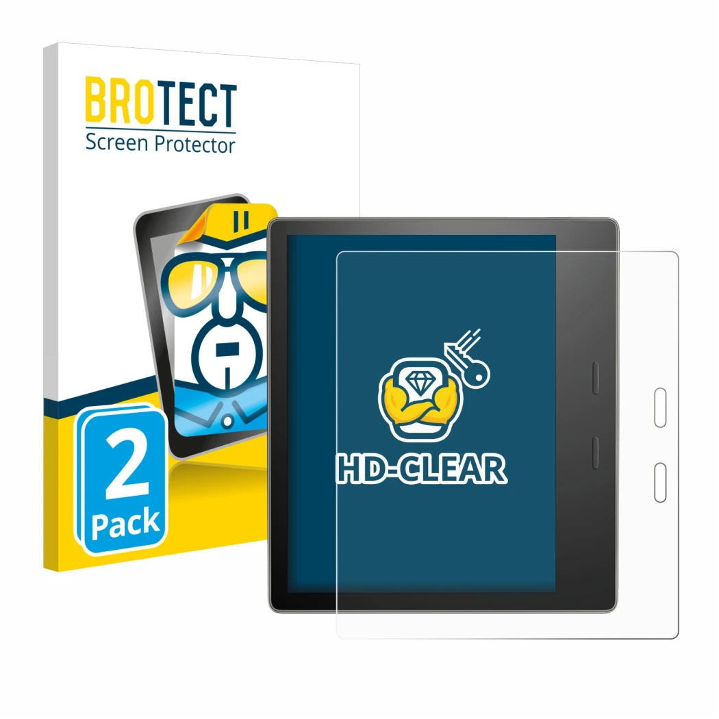Vorderseite einer Produktverpackung mit dem Markenlogo BROTECT. Daneben ist das Gerät Amazon Kindle Oasis 2019 (10. Gen.) mit 
