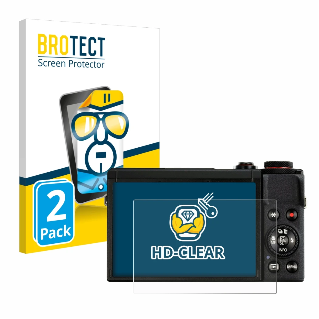 Vorderseite einer Produktverpackung mit dem Markenlogo BROTECT. Daneben ist das Gerät Canon PowerShot G7 X Mark III mit dem zu
