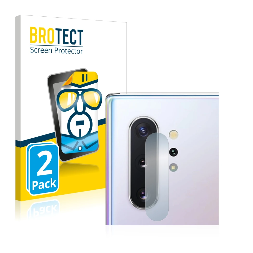 Vorderseite einer Produktverpackung mit dem Markenlogo BROTECT. Daneben ist das Gerät Samsung Galaxy Note 10 Plus (NUR Kameras