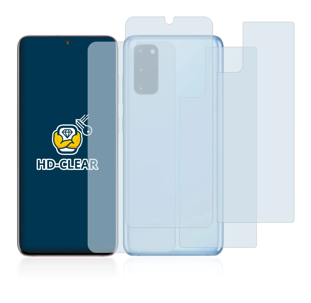 Abbildung des Geräts Samsung Galaxy S20 (Display+Rückseite) mit einer Vielzahl des Displayschutzes.
