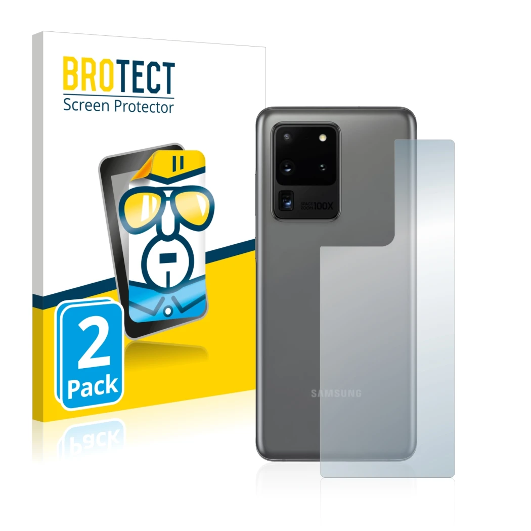 Vorderseite einer Produktverpackung mit dem Markenlogo BROTECT. Daneben ist das Gerät Samsung Galaxy S20 Ultra (Rückseite) mit