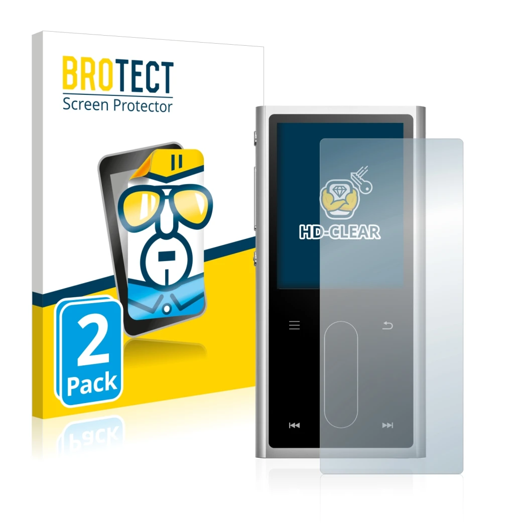 Vorderseite einer Produktverpackung mit dem Markenlogo BROTECT. Daneben ist das Gerät FiiO M3K mit dem zugehörigen Displayschu