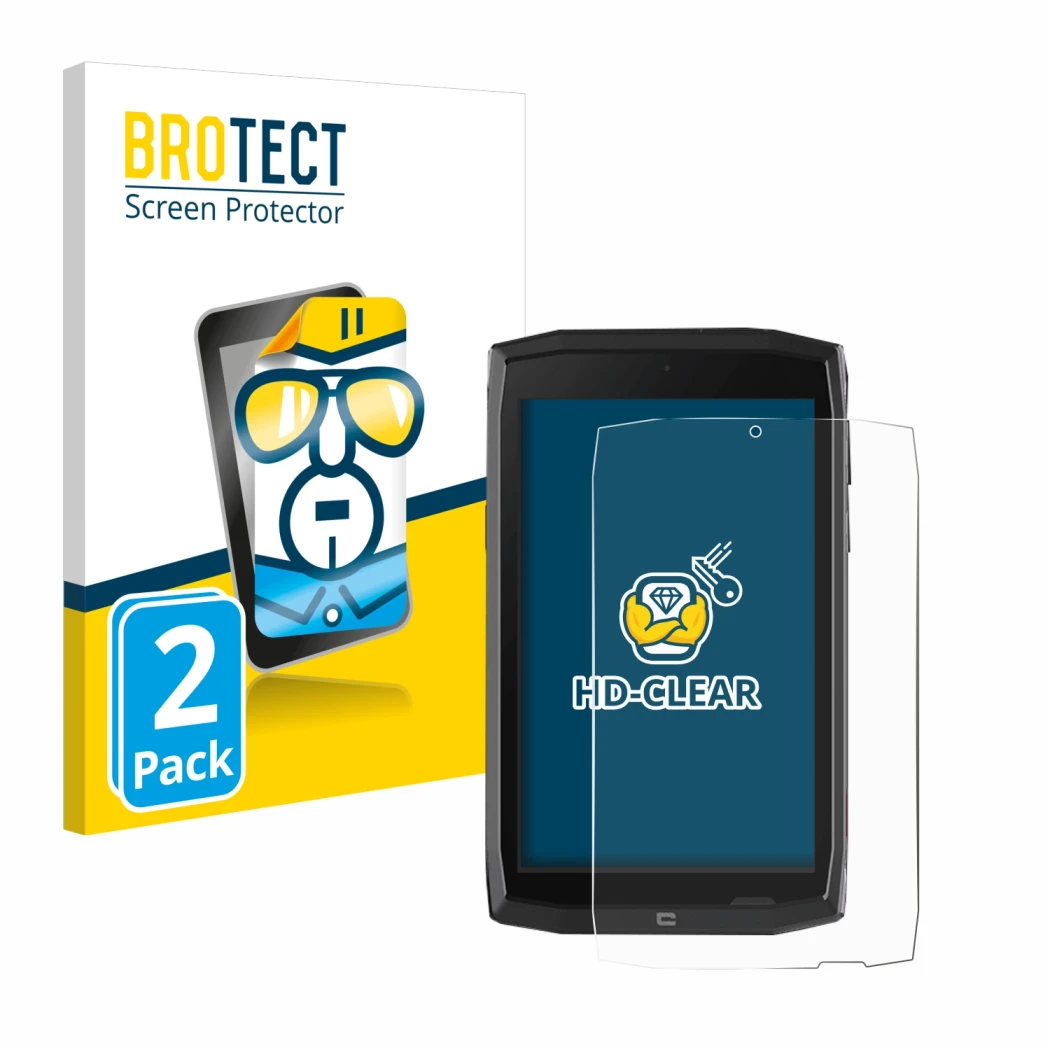 Vorderseite einer Produktverpackung mit dem Markenlogo BROTECT. Daneben ist das Gerät Crosscall Core T4 mit dem zugehörigen Di