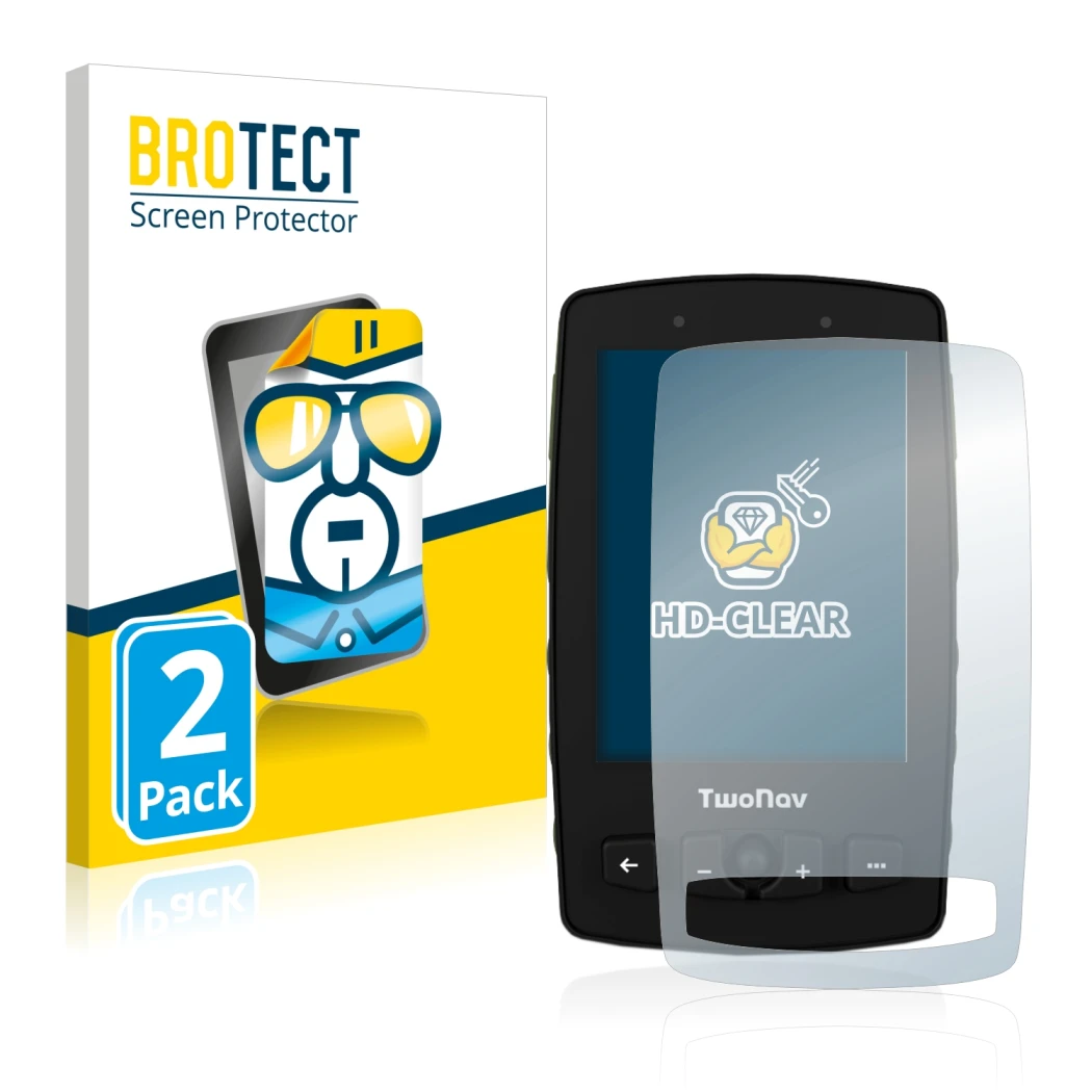 Vorderseite einer Produktverpackung mit dem Markenlogo BROTECT. Daneben ist das Gerät TwoNav Aventura 2 mit dem zugehörigen Di