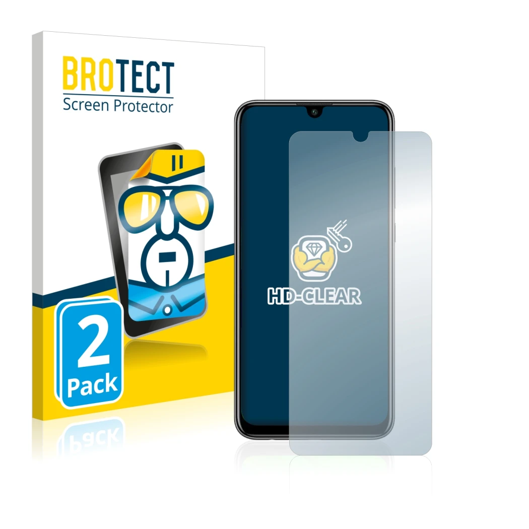 Vorderseite einer Produktverpackung mit dem Markenlogo BROTECT. Daneben ist das Gerät Huawei P smart 2020 mit dem zugehörigen 