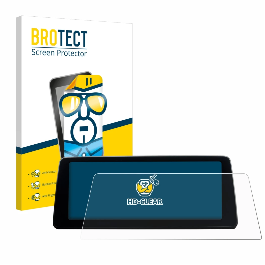 Vorderseite einer Produktverpackung mit dem Markenlogo BROTECT. Daneben ist das Gerät BMW 7 G11 2016-2018 Infotainment System 