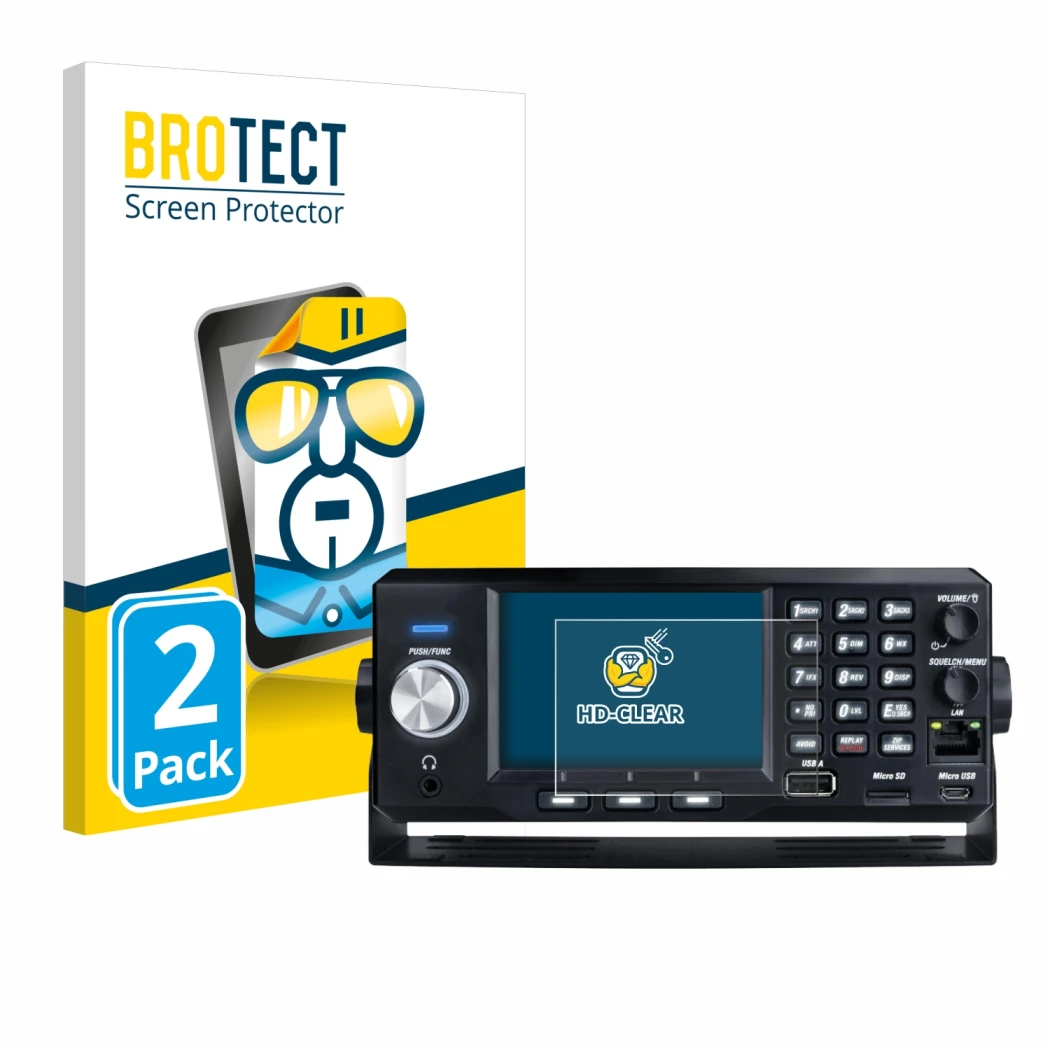 Vorderseite einer Produktverpackung mit dem Markenlogo BROTECT. Daneben ist das Gerät Uniden SDS200E mit dem zugehörigen Displ