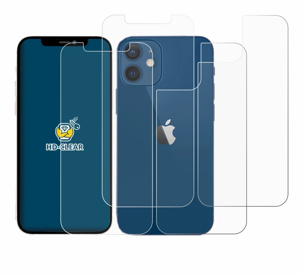 Abbildung des Geräts Apple iPhone 12 (Display+Rückseite) mit einer Vielzahl des Displayschutzes.