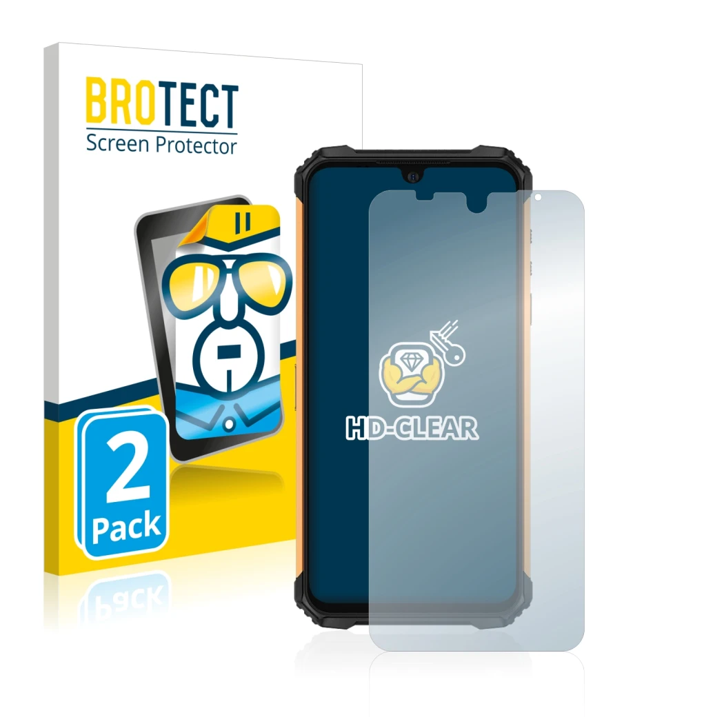Vorderseite einer Produktverpackung mit dem Markenlogo BROTECT. Daneben ist das Gerät Ulefone Armor 8 mit dem zugehörigen Disp