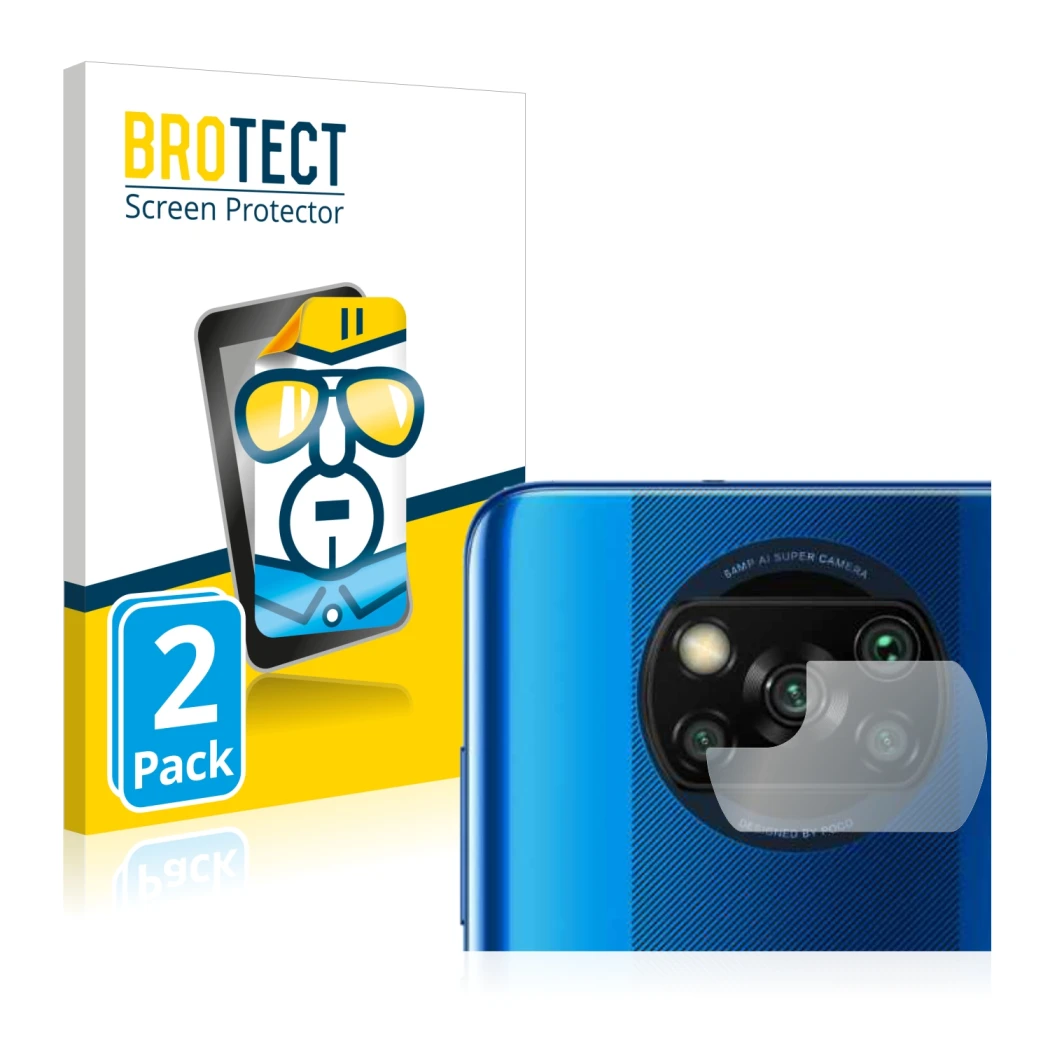 Vorderseite einer Produktverpackung mit dem Markenlogo BROTECT. Daneben ist das Gerät Xiaomi Poco X3 NFC (NUR Kameraschutz) mi