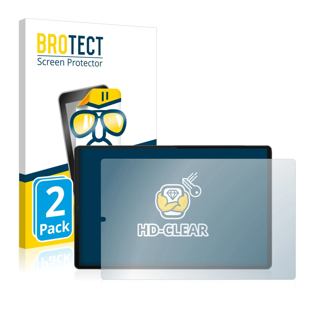 Vorderseite einer Produktverpackung mit dem Markenlogo BROTECT. Daneben ist das Gerät Lenovo Tab M10 FHD Plus (im Querformat) 