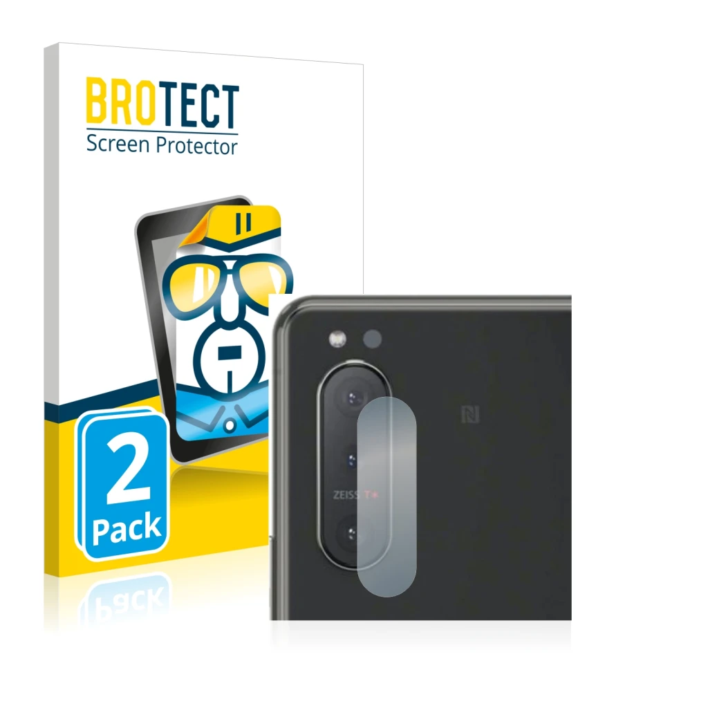 Vorderseite einer Produktverpackung mit dem Markenlogo BROTECT. Daneben ist das Gerät Sony Xperia 5 II (NUR Kameraschutz) mit 