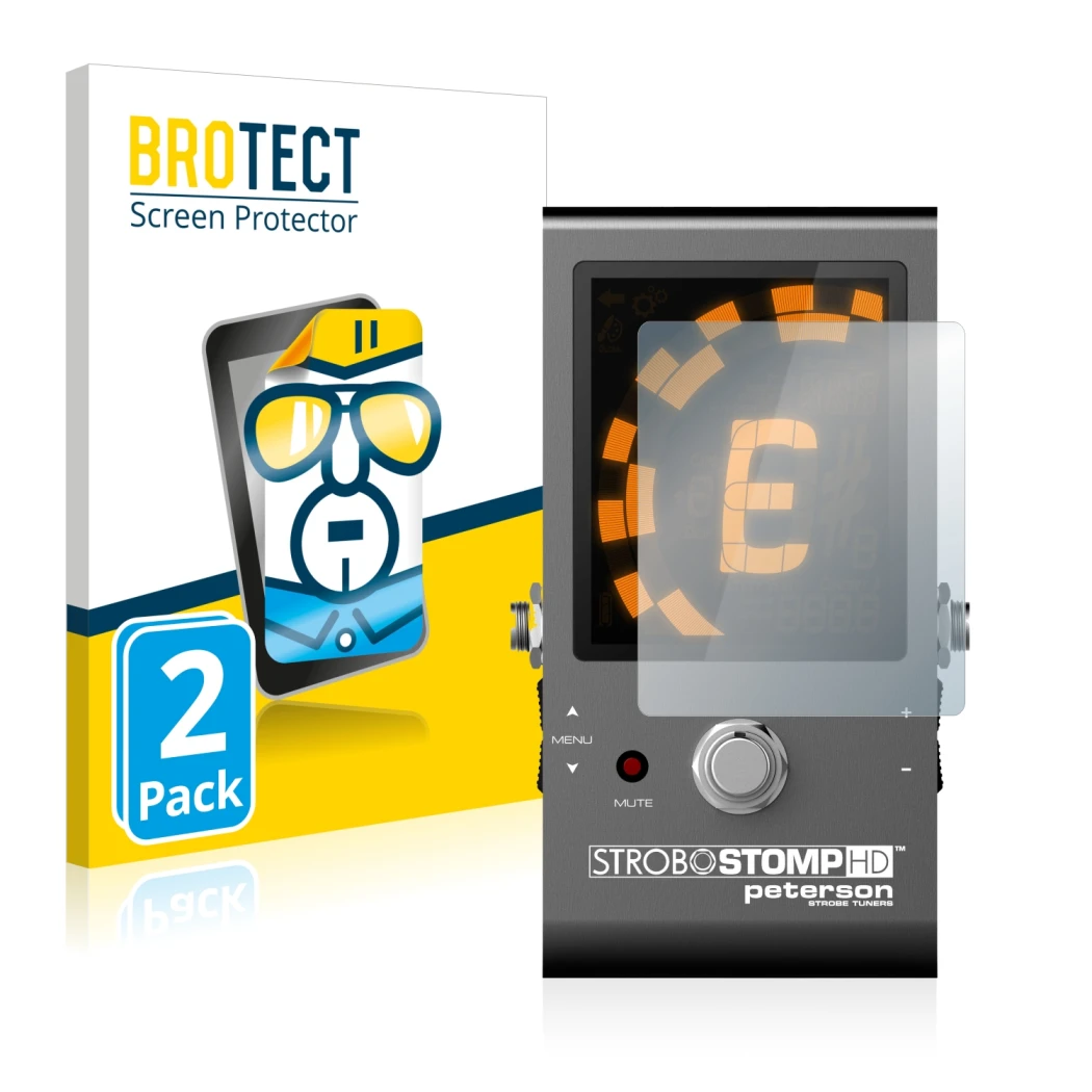 Vorderseite einer Produktverpackung mit dem Markenlogo BROTECT. Daneben ist das Gerät Peterson Strobostomp HD mit dem zugehöri