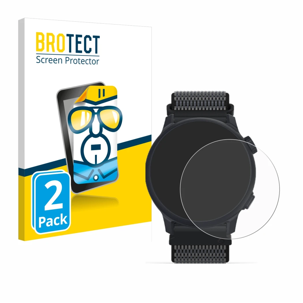 Vorderseite einer Produktverpackung mit dem Markenlogo BROTECT. Daneben ist das Gerät Coros Pace 2 mit dem zugehörigen Display