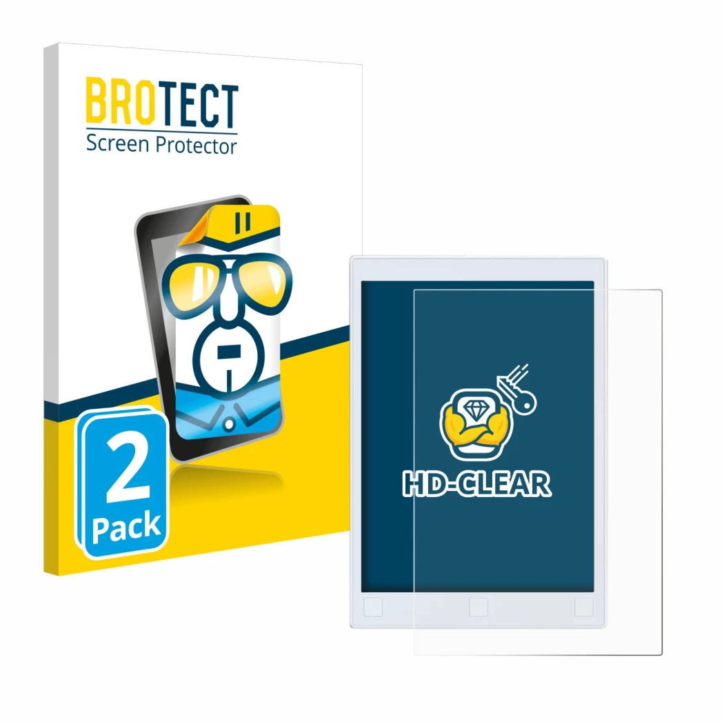 Vorderseite einer Produktverpackung mit dem Markenlogo BROTECT. Daneben ist das Gerät reMarkable 2 mit dem zugehörigen Display