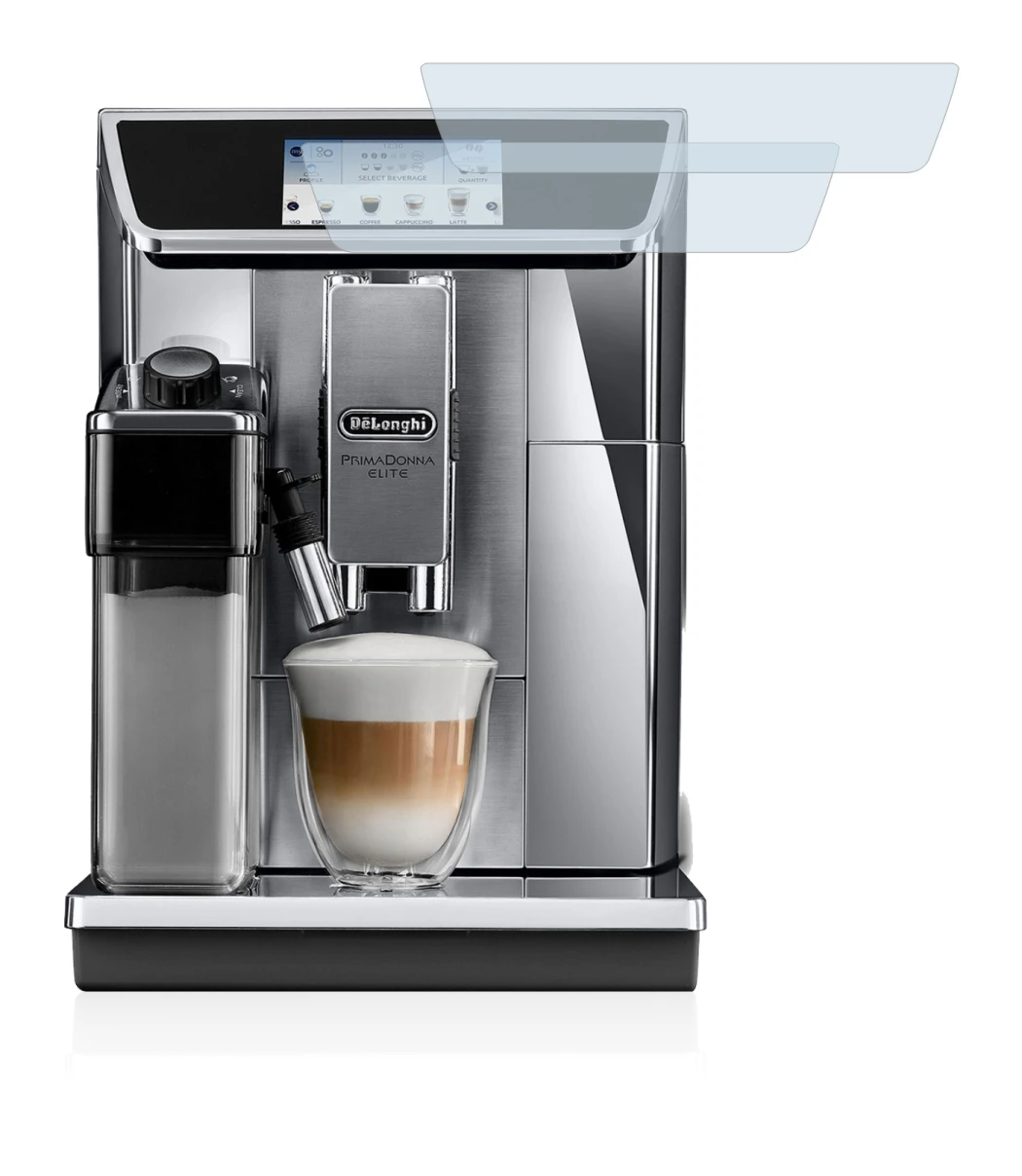 Abbildung des Geräts DeLonghi PrimaDonna Elite Experience ECAM656.85.MS mit einer Vielzahl des Displayschutzes.