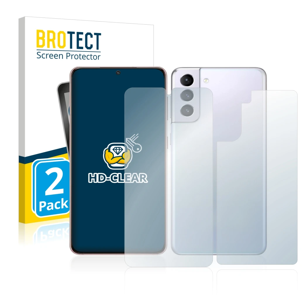 Vorderseite einer Produktverpackung mit dem Markenlogo BROTECT. Daneben ist das Gerät Samsung Galaxy S21 5G (Display+Rückseite