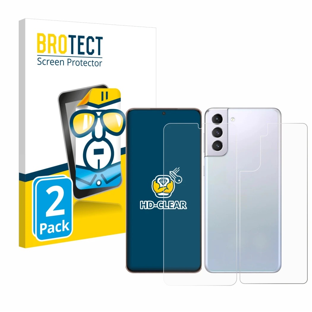Vorderseite einer Produktverpackung mit dem Markenlogo BROTECT. Daneben ist das Gerät Samsung Galaxy S21 Plus 5G (Display+Rück