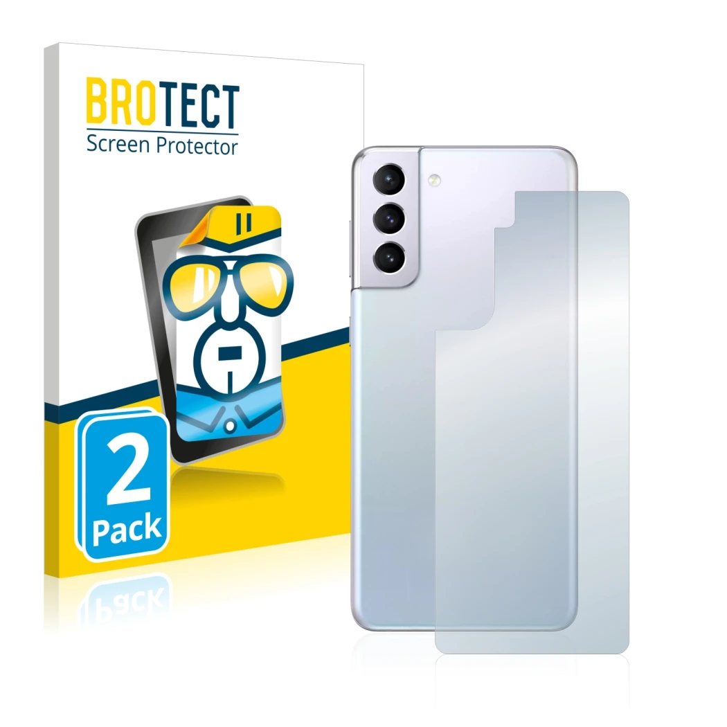 Vorderseite einer Produktverpackung mit dem Markenlogo BROTECT. Daneben ist das Gerät Samsung Galaxy S21 Plus 5G (Rückseite) m