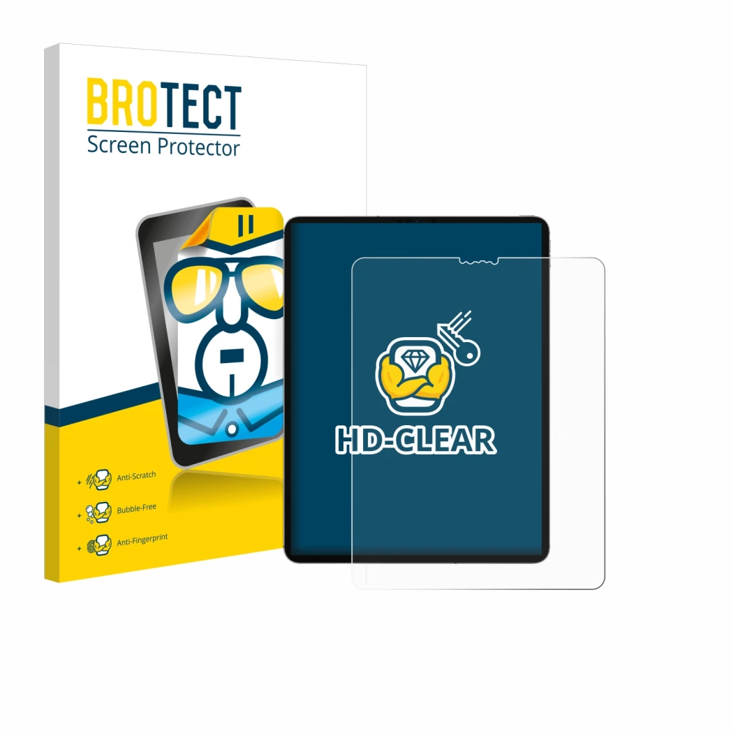 Vorderseite einer Produktverpackung mit dem Markenlogo BROTECT. Daneben ist das Gerät Apple iPad Pro 12.9