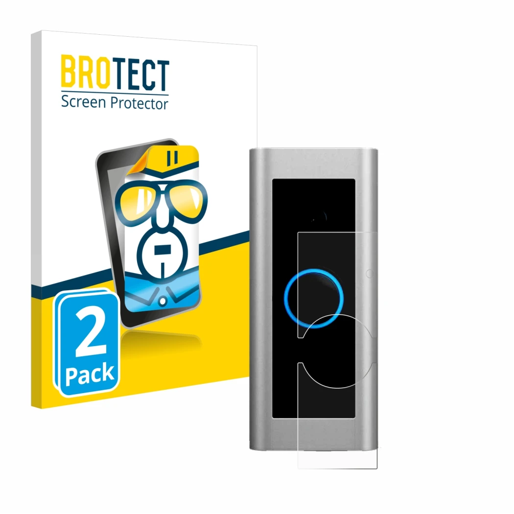 Vorderseite einer Produktverpackung mit dem Markenlogo BROTECT. Daneben ist das Gerät Ring Video Doorbell Pro 2 mit dem zugehö