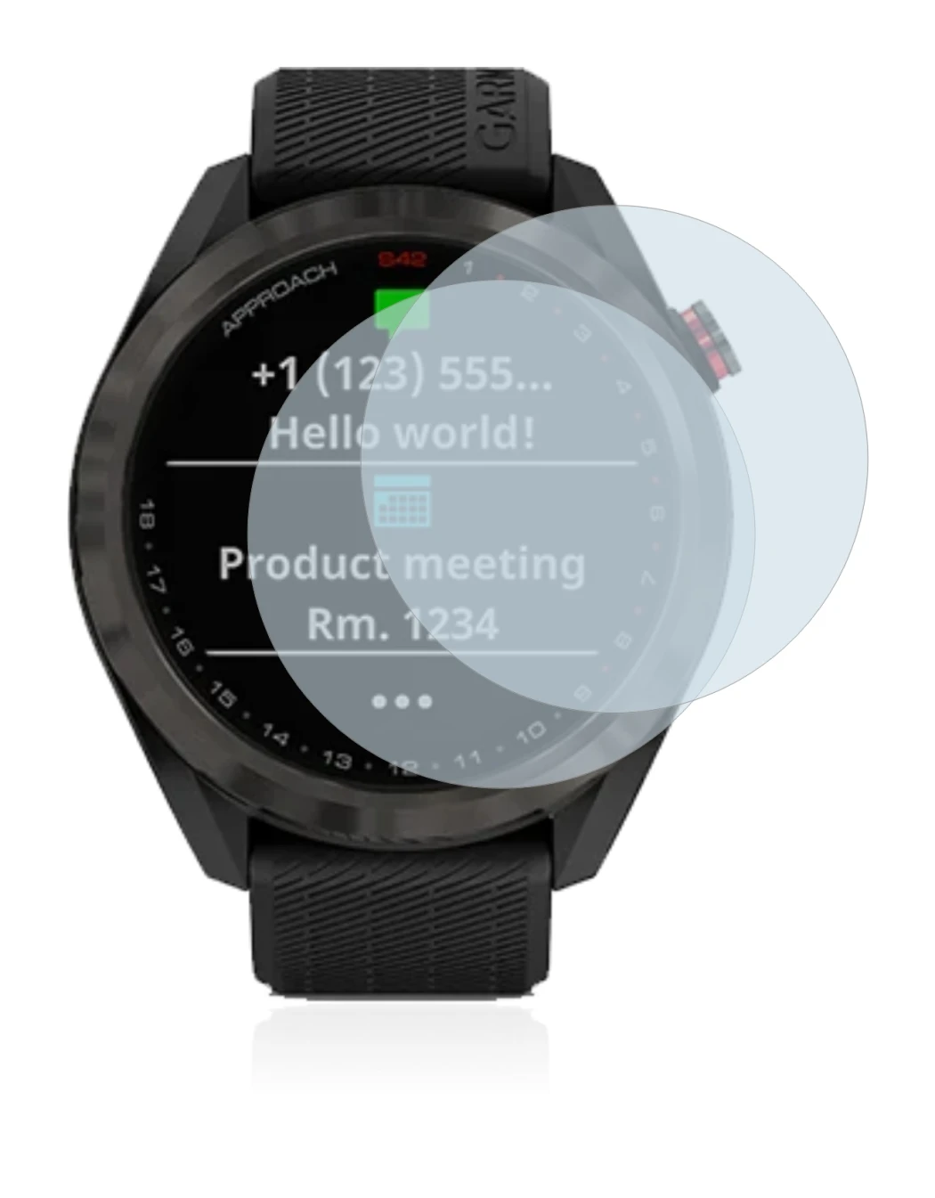 Abbildung des Geräts Garmin Approach S42 mit einer Vielzahl des Displayschutzes.